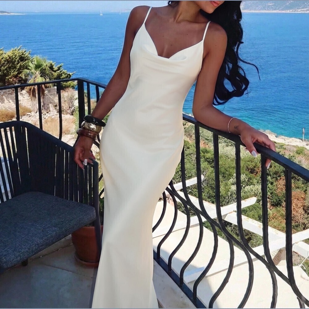 Cream Satin Cowl Neck Spaghetti Strap Maxi Slip Dress